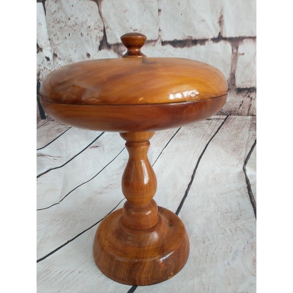 Vintage Hand Turned WOOD PEDESTAL COVERED CANDY Dog treat BOWL DISH BOX - Picture 4 of 9